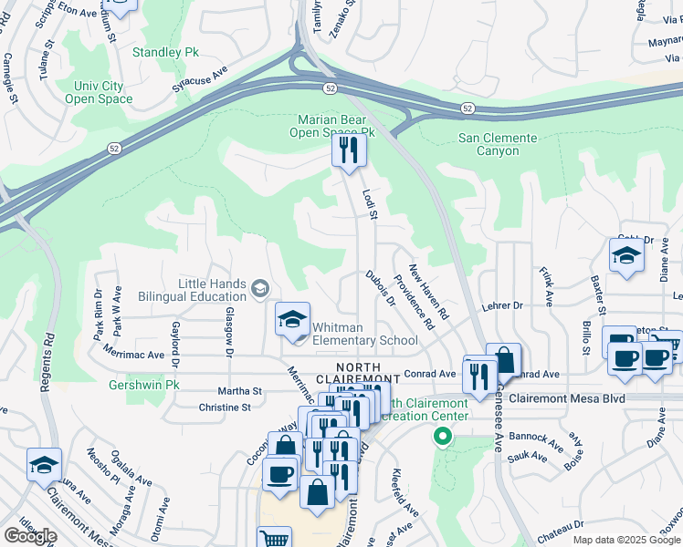 map of restaurants, bars, coffee shops, grocery stores, and more near 5166 Galt Way in San Diego