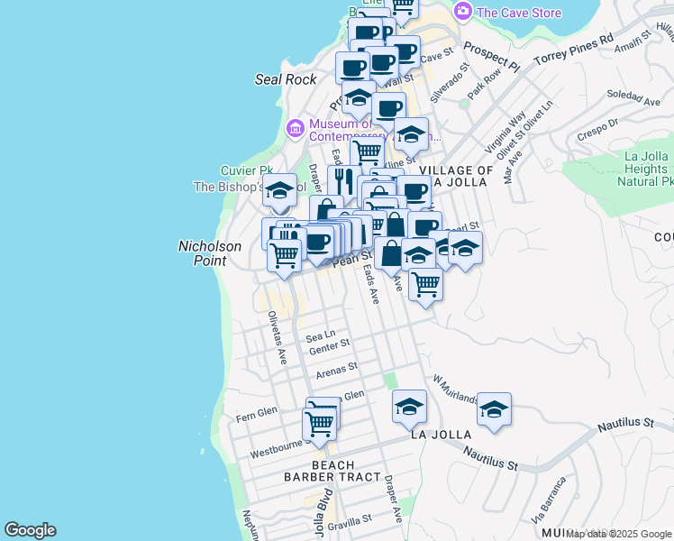 map of restaurants, bars, coffee shops, grocery stores, and more near 701 Pearl Street in San Diego