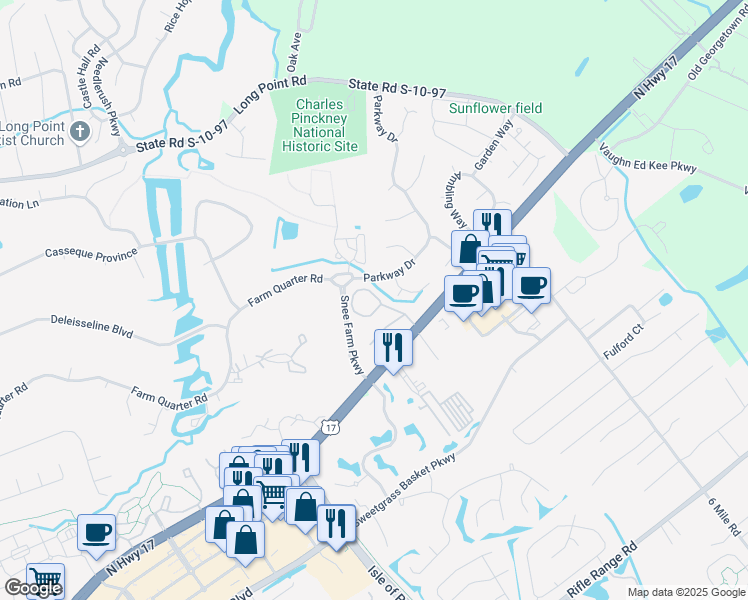 map of restaurants, bars, coffee shops, grocery stores, and more near 1123 Monaco Drive in Mount Pleasant