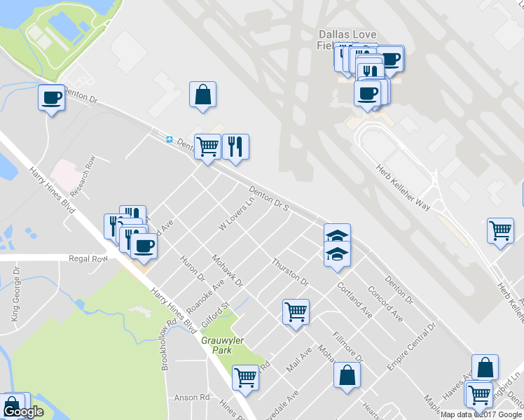 map of restaurants, bars, coffee shops, grocery stores, and more near 2615 Langdon Avenue in Dallas