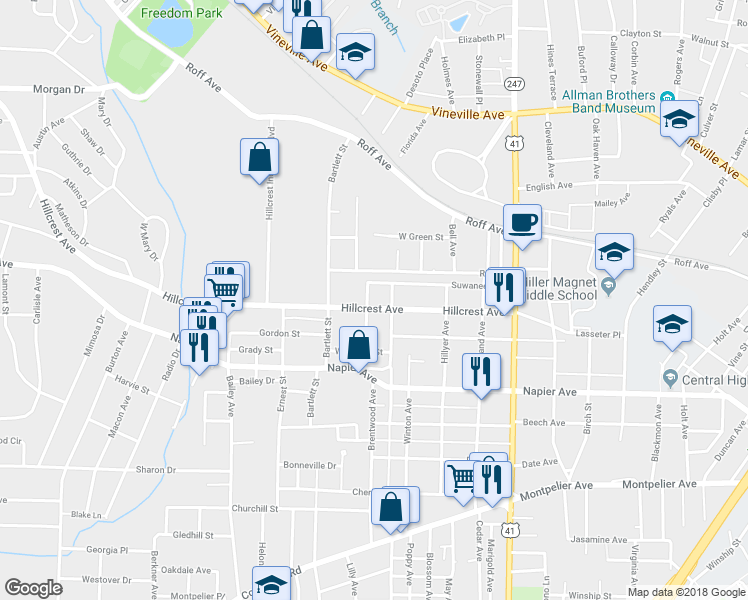 map of restaurants, bars, coffee shops, grocery stores, and more near 2787 Hillcrest Avenue in Macon