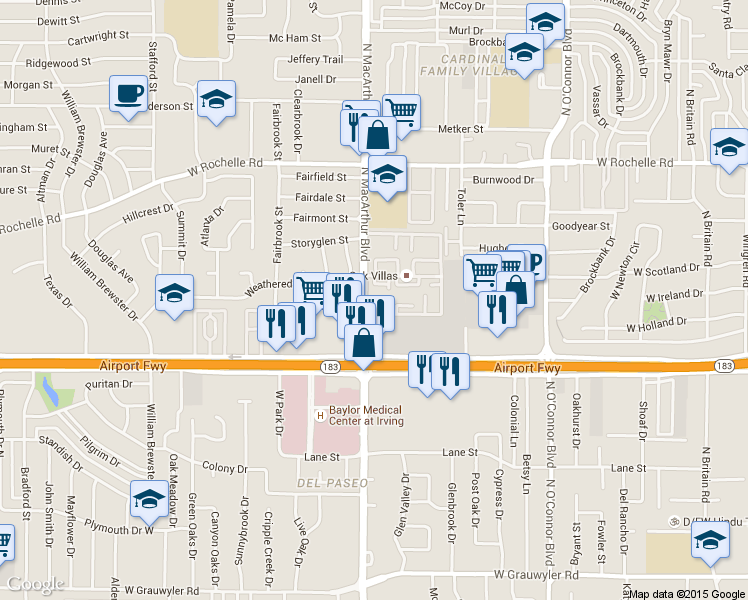 map of restaurants, bars, coffee shops, grocery stores, and more near 2302 North MacArthur Boulevard in Irving