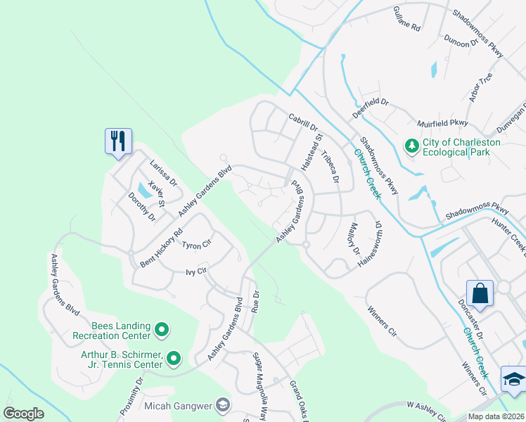 map of restaurants, bars, coffee shops, grocery stores, and more near 501 South Elgin Court in Charleston