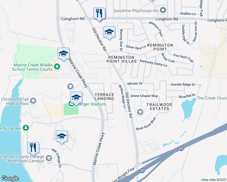 map of restaurants, bars, coffee shops, grocery stores, and more near 5324 Austin Ridge Drive in Fort Worth