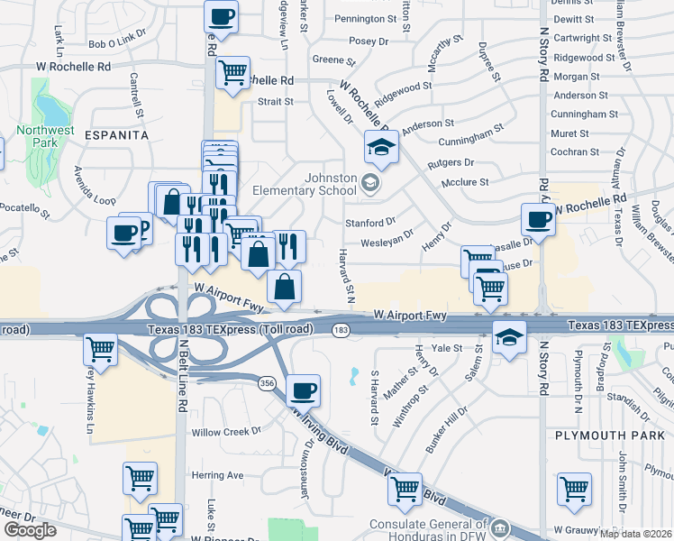 map of restaurants, bars, coffee shops, grocery stores, and more near 2320 Imperial Drive in Irving