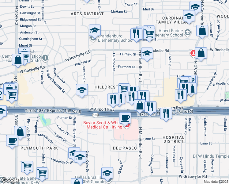 map of restaurants, bars, coffee shops, grocery stores, and more near 2413 Fairbrook Street in Irving