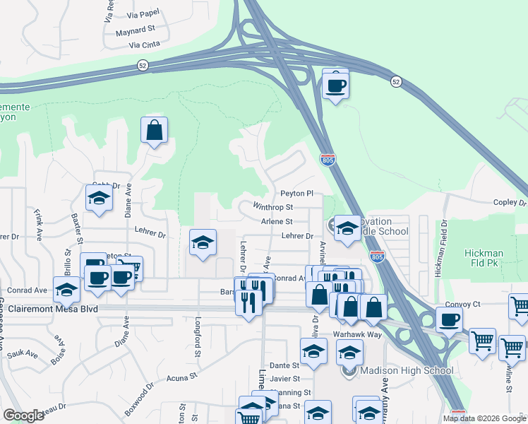 map of restaurants, bars, coffee shops, grocery stores, and more near 5193 Winthrop Street in San Diego