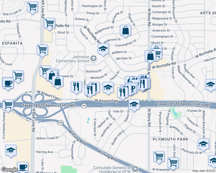 map of restaurants, bars, coffee shops, grocery stores, and more near 2702 Syracuse Drive in Irving