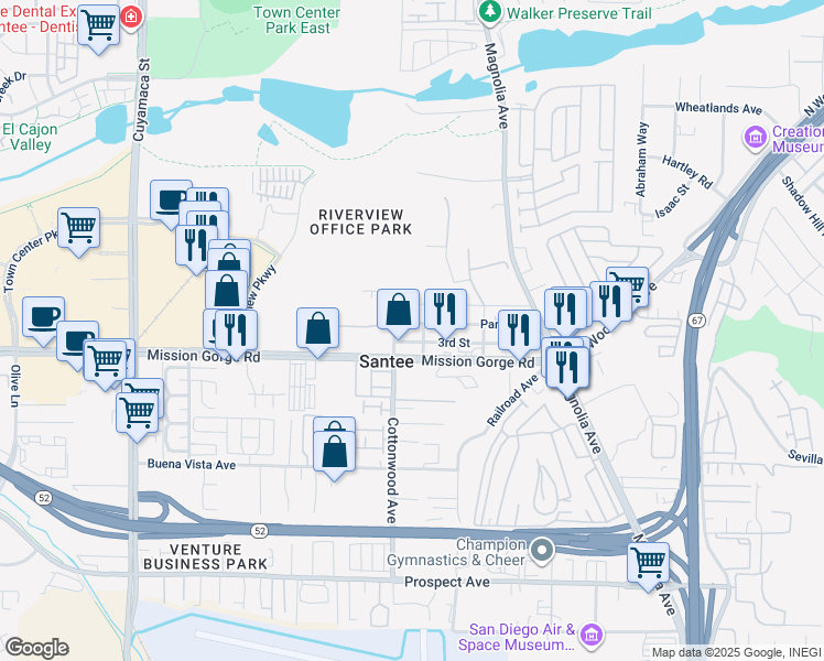 map of restaurants, bars, coffee shops, grocery stores, and more near 10323 Park Avenue in Santee