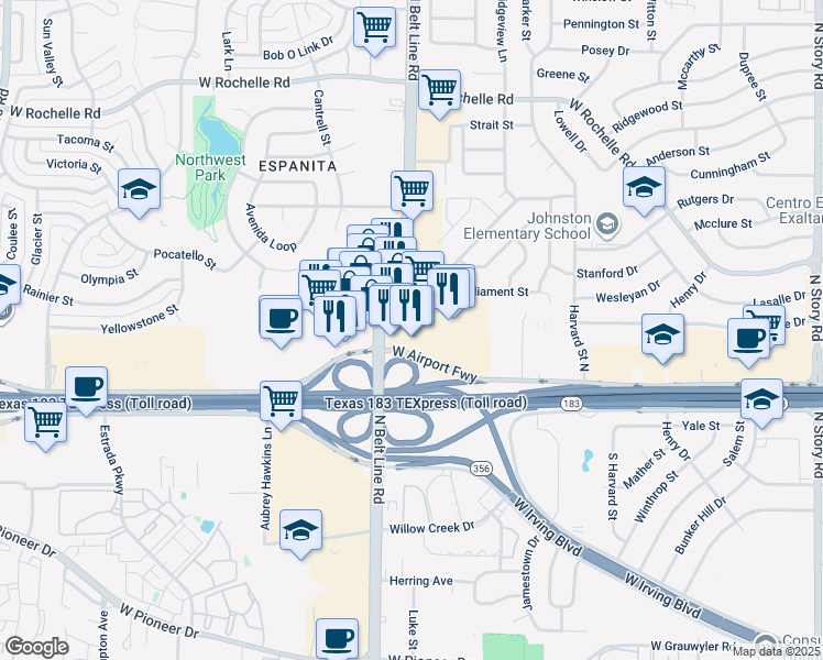 map of restaurants, bars, coffee shops, grocery stores, and more near 3301-3401 West Airport Freeway in Irving
