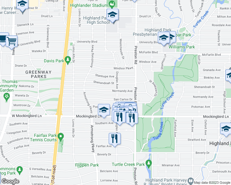 map of restaurants, bars, coffee shops, grocery stores, and more near 4203 Normandy Avenue in Dallas