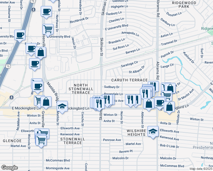 map of restaurants, bars, coffee shops, grocery stores, and more near 6117 Sudbury Drive in Dallas