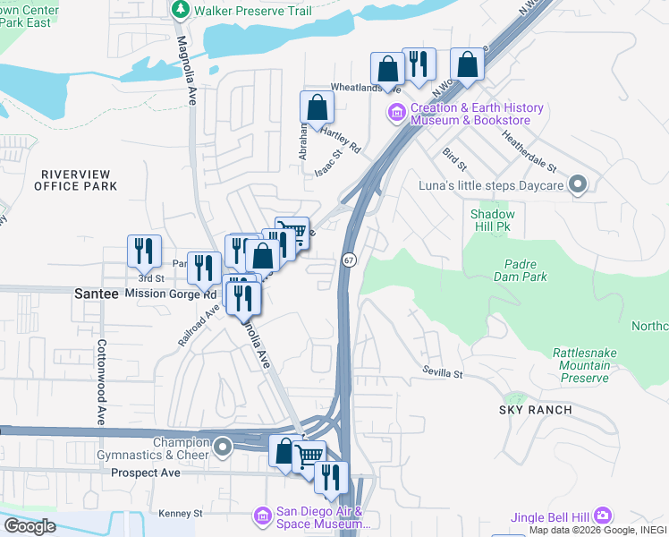 map of restaurants, bars, coffee shops, grocery stores, and more near 10795 Andrea Terrace in Santee