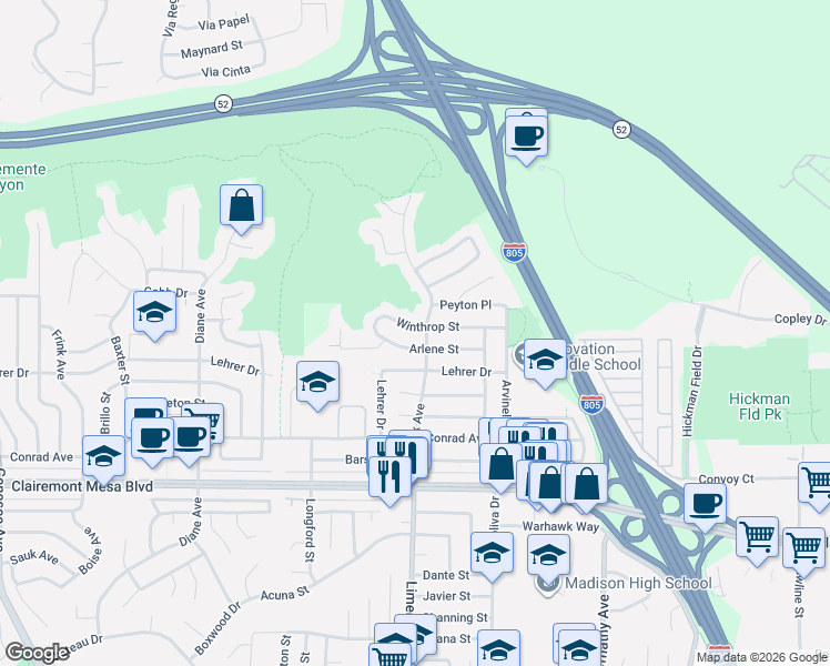map of restaurants, bars, coffee shops, grocery stores, and more near 5193 Winthrop Street in San Diego