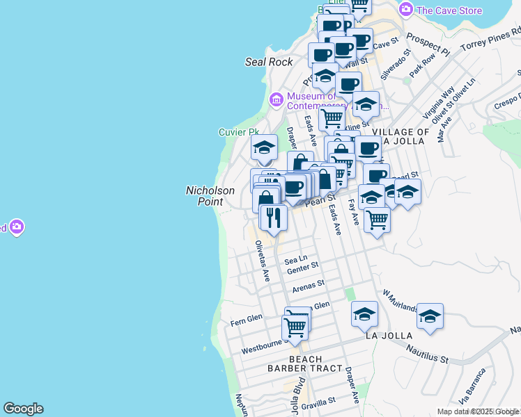 map of restaurants, bars, coffee shops, grocery stores, and more near 7522 La Jolla Boulevard in San Diego