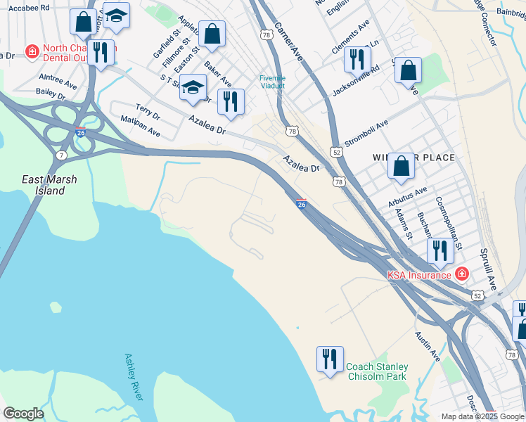 map of restaurants, bars, coffee shops, grocery stores, and more near 2375 Baker Hospital Boulevard in North Charleston