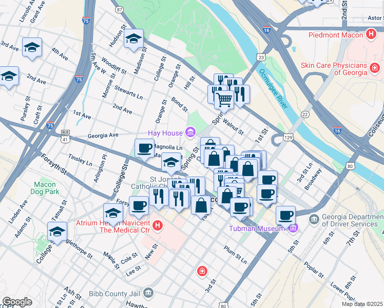 map of restaurants, bars, coffee shops, grocery stores, and more near 923 Cherry Street in Macon