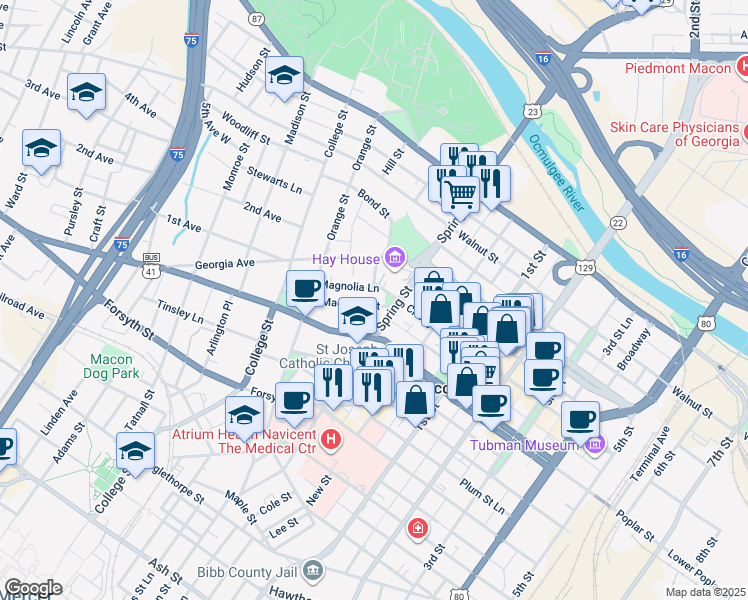 map of restaurants, bars, coffee shops, grocery stores, and more near 923 Cherry Street in Macon
