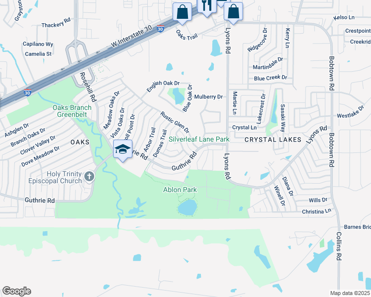 map of restaurants, bars, coffee shops, grocery stores, and more near 3810 Acorn Green Drive in Garland