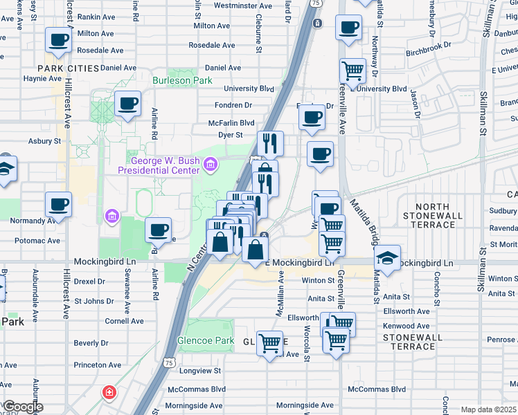 map of restaurants, bars, coffee shops, grocery stores, and more near 6066 North Central Expressway in Dallas