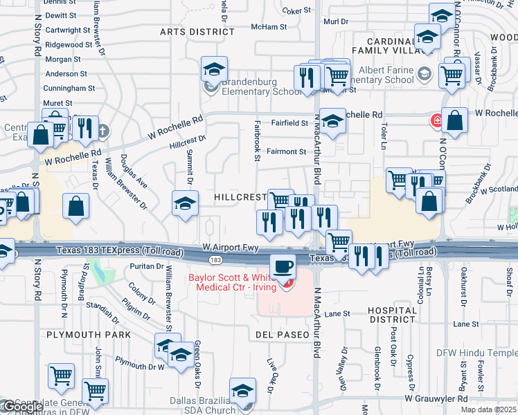 map of restaurants, bars, coffee shops, grocery stores, and more near 2413 Fairbrook Street in Irving