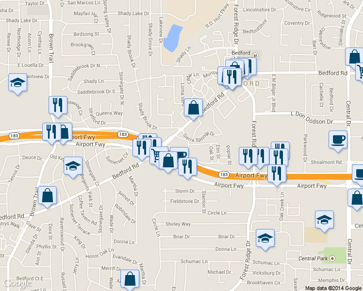 map of restaurants, bars, coffee shops, grocery stores, and more near 1305 Maple Drive in Bedford