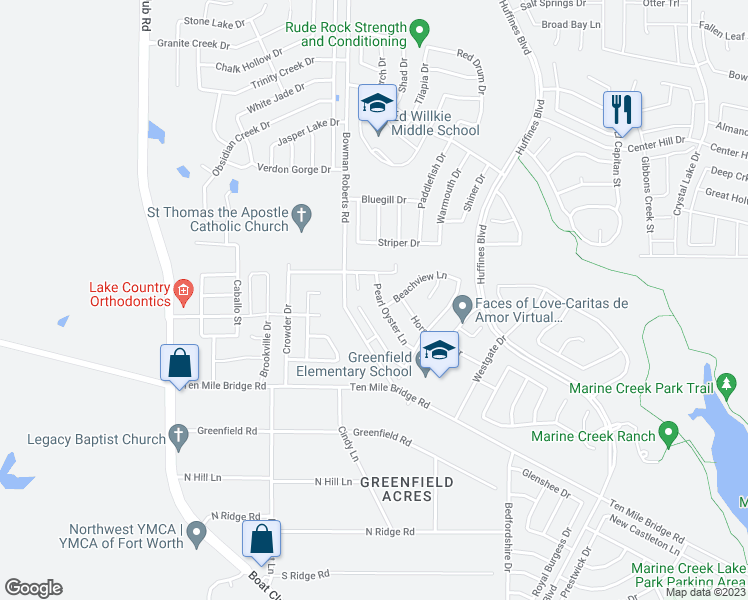 map of restaurants, bars, coffee shops, grocery stores, and more near 5865 Pearl Oyster Lane in Fort Worth