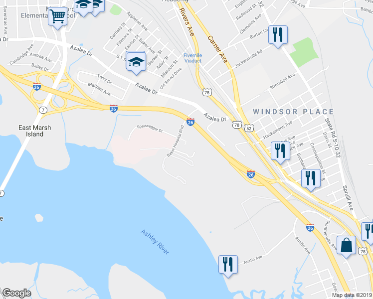 map of restaurants, bars, coffee shops, grocery stores, and more near 2375 Baker Hospital Boulevard in North Charleston