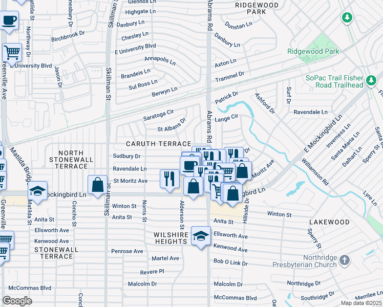 map of restaurants, bars, coffee shops, grocery stores, and more near 6317 Sudbury Drive in Dallas
