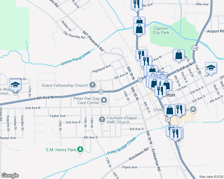 map of restaurants, bars, coffee shops, grocery stores, and more near 401 11th Street in Clanton