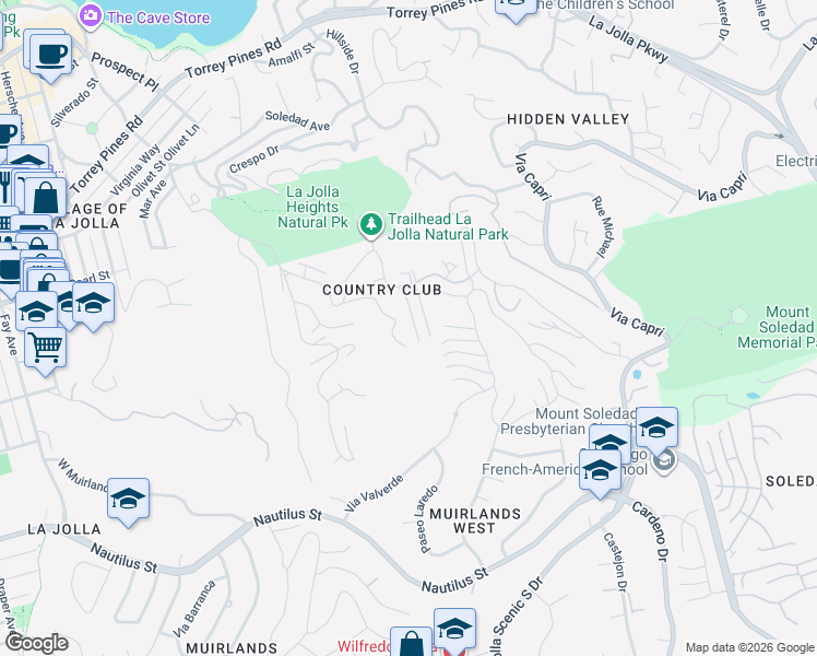 map of restaurants, bars, coffee shops, grocery stores, and more near 7170 Encelia Drive in San Diego