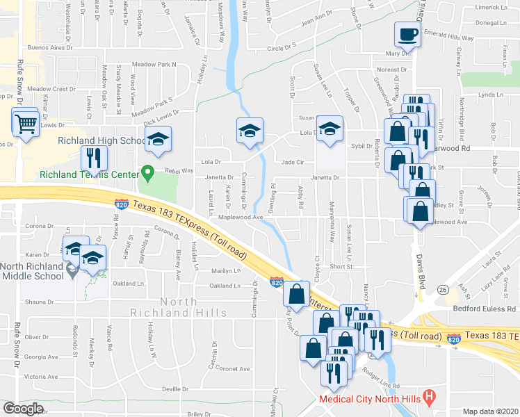 map of restaurants, bars, coffee shops, grocery stores, and more near 7450 Gentling Place Court in Fort Worth