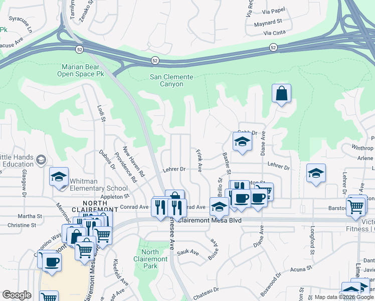 map of restaurants, bars, coffee shops, grocery stores, and more near 5156 Constitution Road in San Diego