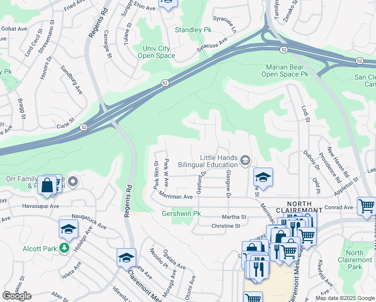 map of restaurants, bars, coffee shops, grocery stores, and more near 5152 Argonne Court in San Diego