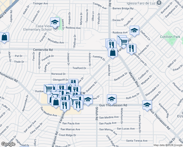 map of restaurants, bars, coffee shops, grocery stores, and more near 10512 Andover Drive in Dallas