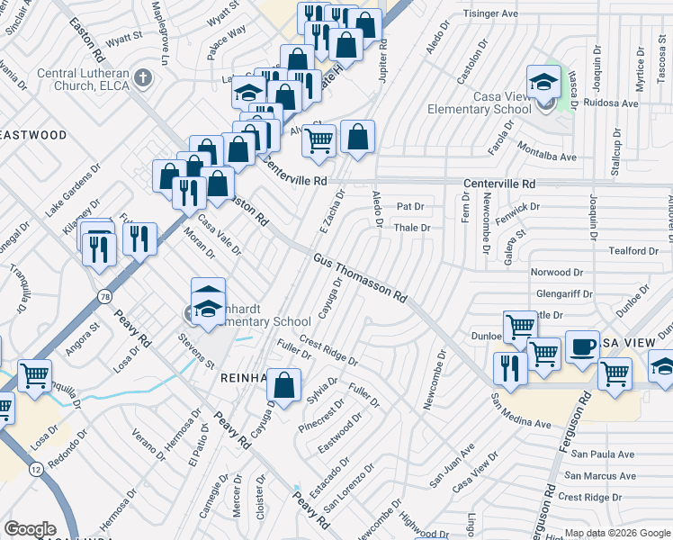 map of restaurants, bars, coffee shops, grocery stores, and more near 10551 Cayuga Drive in Dallas