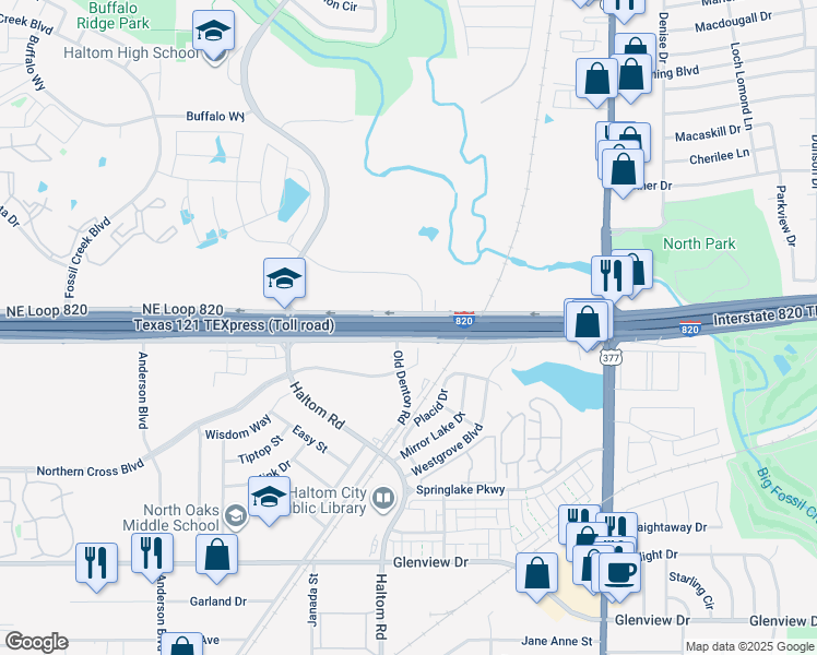 map of restaurants, bars, coffee shops, grocery stores, and more near Interstate 820 TEXpress in Fort Worth