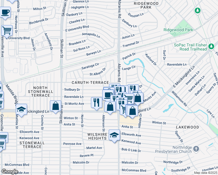 map of restaurants, bars, coffee shops, grocery stores, and more near 6317 Sudbury Lane in Dallas