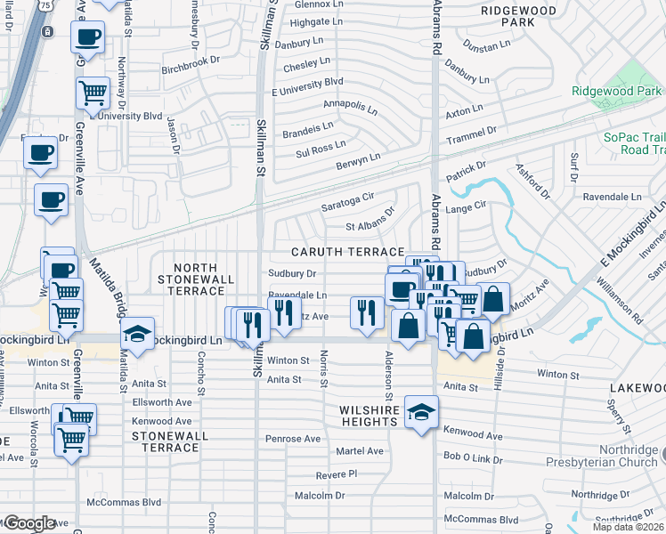 map of restaurants, bars, coffee shops, grocery stores, and more near 6207 Sudbury Drive in Dallas