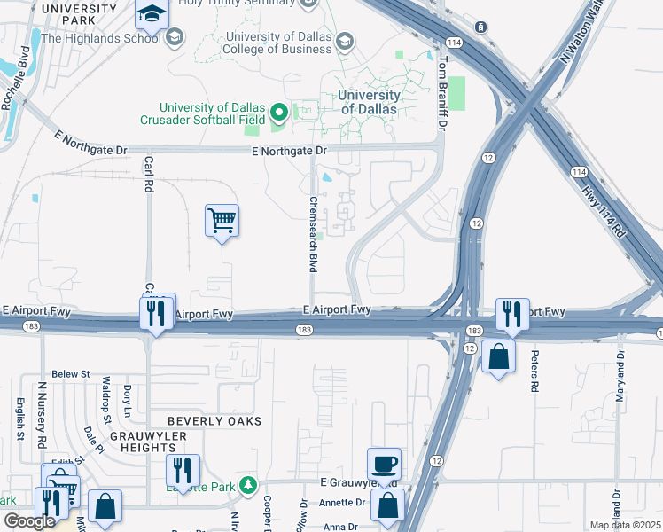 map of restaurants, bars, coffee shops, grocery stores, and more near 2220 Chemsearch Boulevard in Irving
