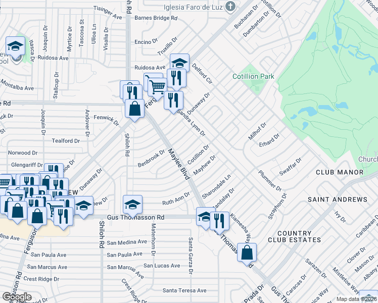 map of restaurants, bars, coffee shops, grocery stores, and more near 10841 Cotillion Drive in Dallas