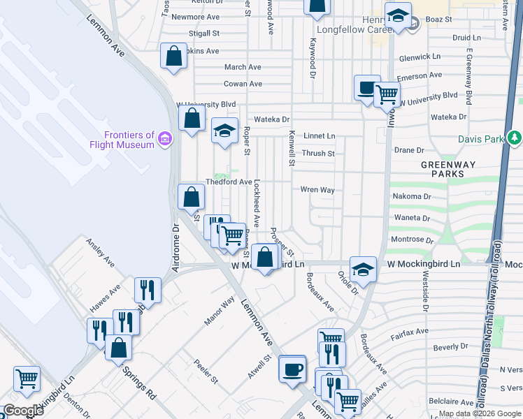 map of restaurants, bars, coffee shops, grocery stores, and more near 6632 Lockheed Avenue in Dallas
