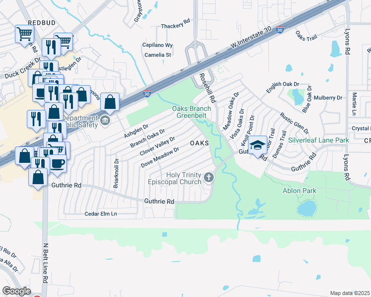 map of restaurants, bars, coffee shops, grocery stores, and more near 2910 Dove Meadow Drive in Garland