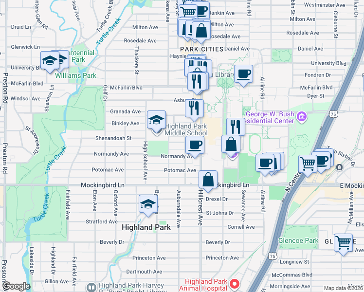 map of restaurants, bars, coffee shops, grocery stores, and more near 3437 Shenandoah Street in Dallas
