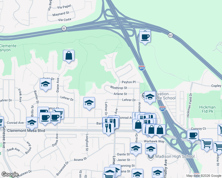 map of restaurants, bars, coffee shops, grocery stores, and more near 5165 Winthrop Street in San Diego