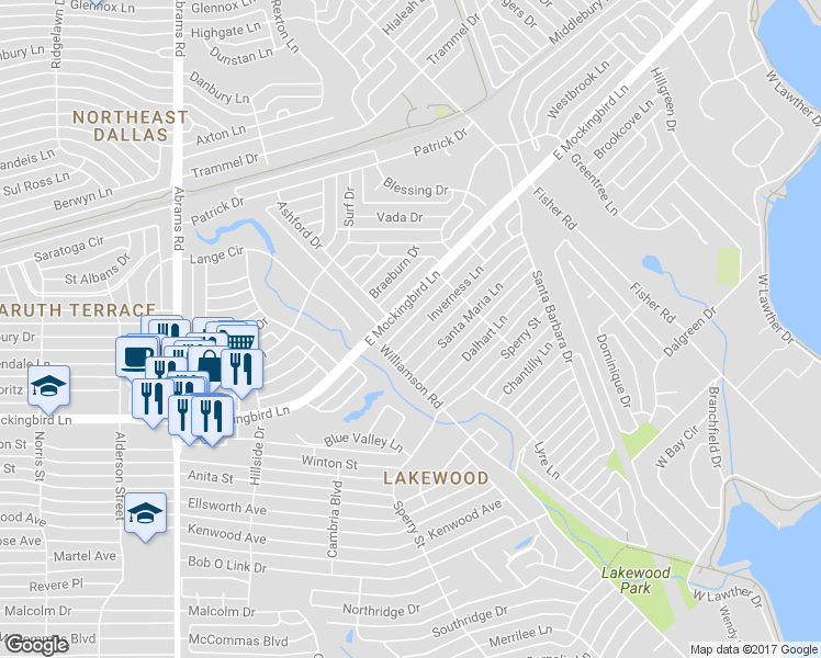 map of restaurants, bars, coffee shops, grocery stores, and more near 6733 Inverness Lane in Dallas