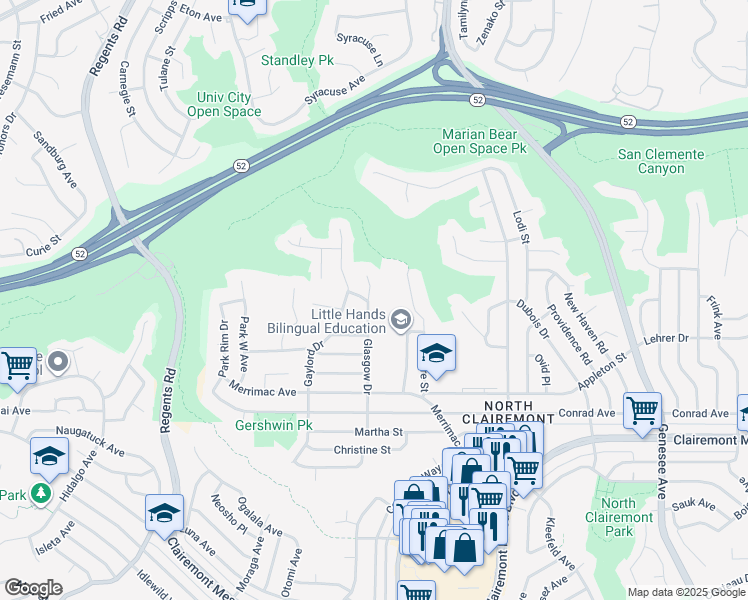 map of restaurants, bars, coffee shops, grocery stores, and more near 5157 Glasgow Drive in San Diego