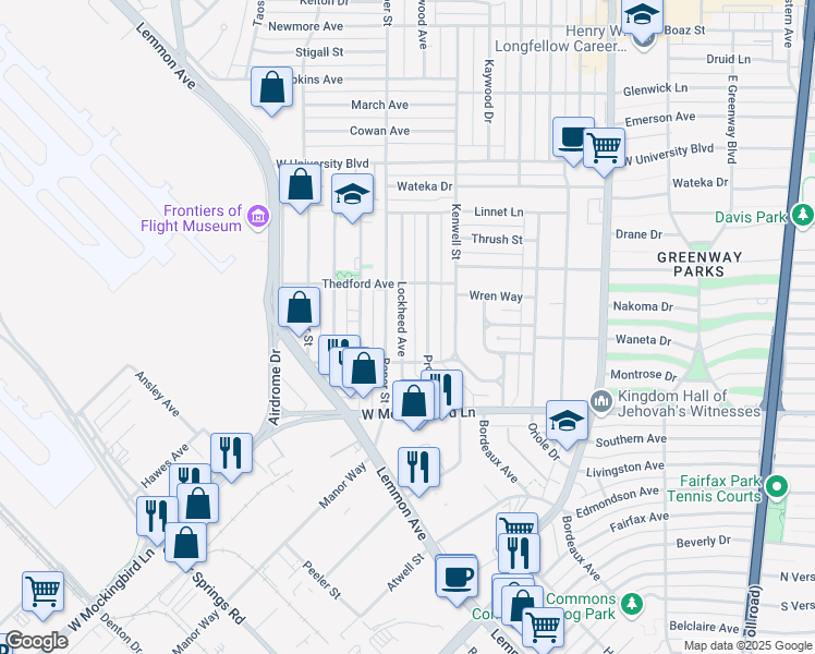 map of restaurants, bars, coffee shops, grocery stores, and more near 6632 Lockheed Avenue in Dallas
