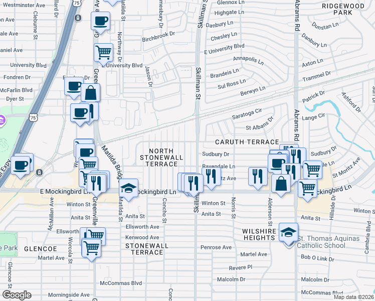 map of restaurants, bars, coffee shops, grocery stores, and more near 4332 Somerville Avenue in Dallas