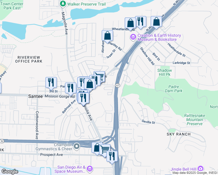 map of restaurants, bars, coffee shops, grocery stores, and more near 10795 Andrea Terrace in Santee